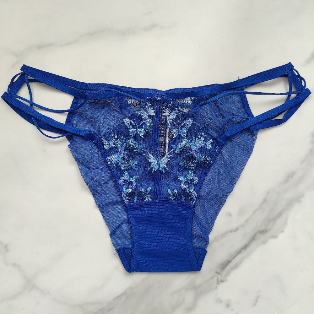 NWT VICTORIA'S SECRET VERY SEXY BUTTERFLY EMBROIDERY STRAPPY BIKINI PANTY BLUE X